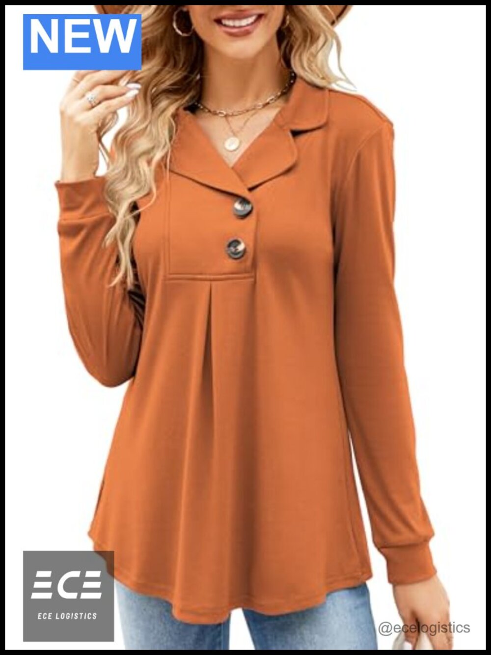 Womens Long Sleeve Tunic Top Notch Collar Button Sweatshirt